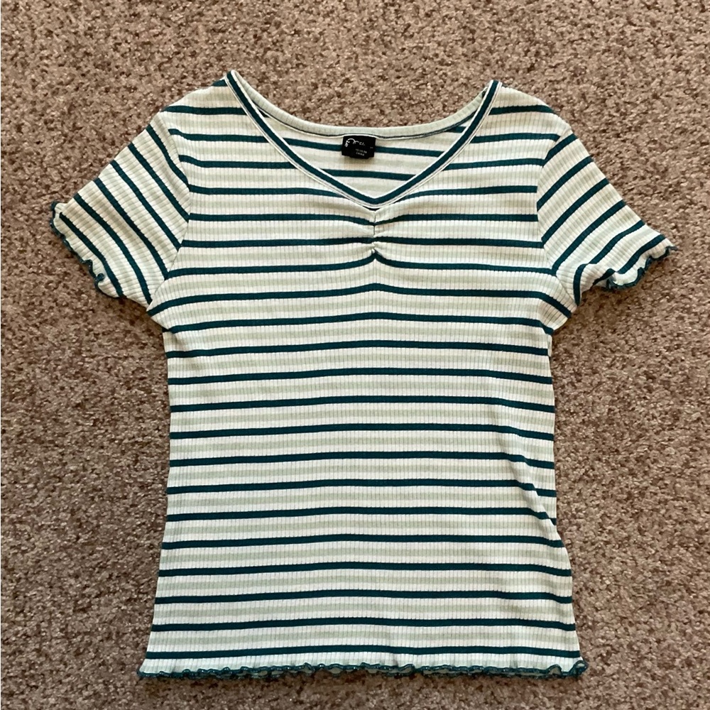Striped V-Neck Ribbed Top - Green and White